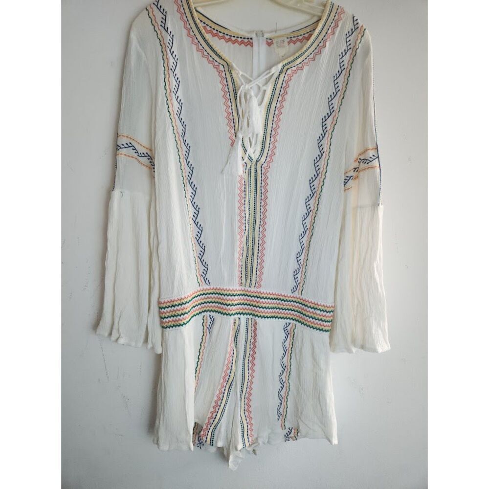 Surf Gypsy Beige Multicolor Embroidery V-Neck Flare Sleeve Crinkle Romper Large